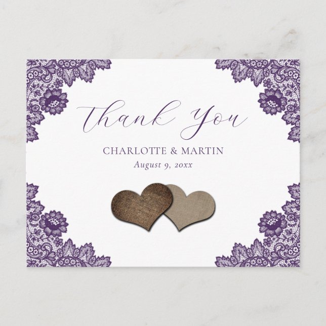 Purple Floral Lace Burlap Hearts Wedding Thank You Postcard (Front)