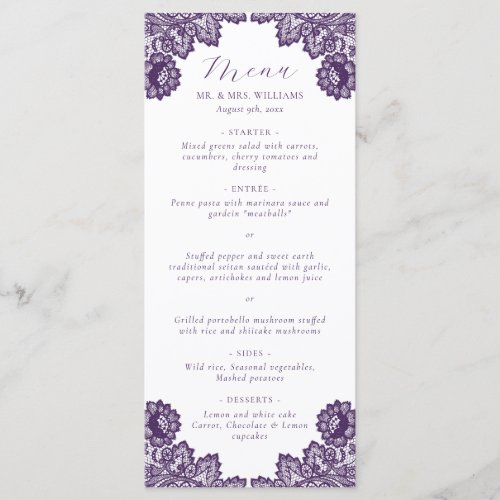 Purple Floral Lace Burlap Rustic Wedding Menu