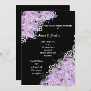 PURPLE Floral LACE ELEGANT MODERN WEDDING BLACK Invitation