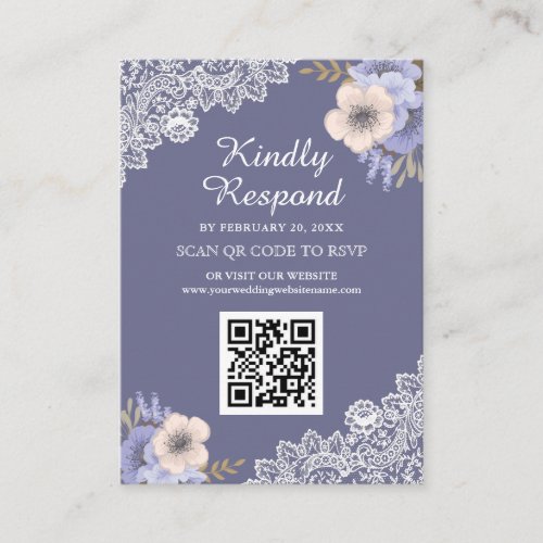 Purple Floral Lace QR Code RSVP Wedding Website Enclosure Card