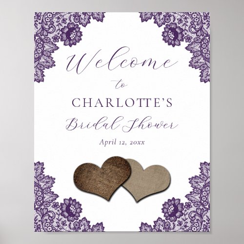 Purple Floral Lace Rustic Bridal Shower Sign