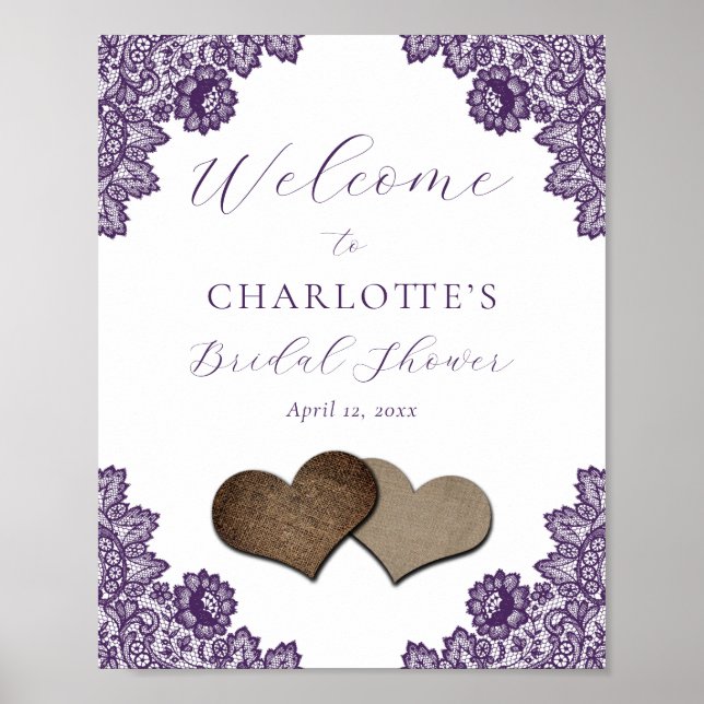 Purple Floral Lace Rustic Bridal Shower Sign (Front)