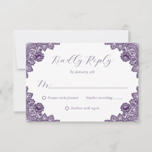 Purple Floral Lace Rustic Burlap Hearts Wedding RSVP Card
