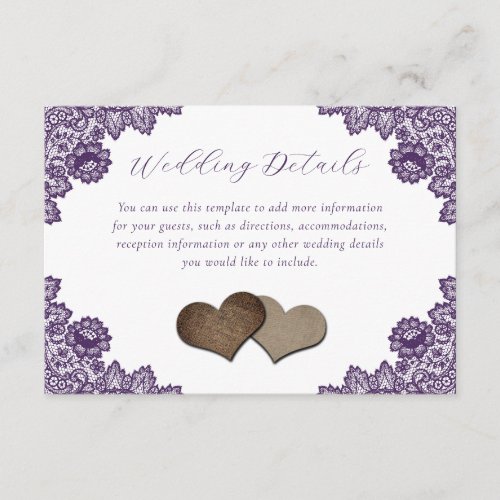 Purple Floral Lace Rustic Wedding Insert Card