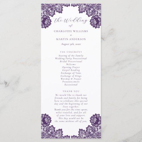 Purple Floral Lace Rustic Wedding Program