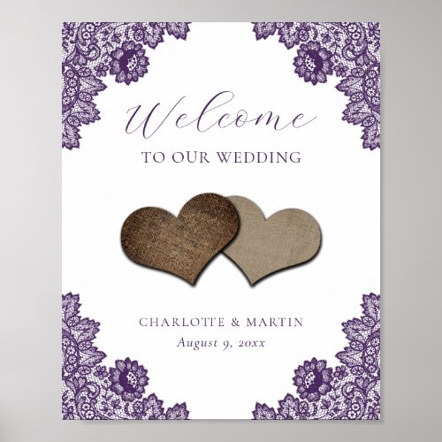 Purple Floral Lace Rustic Wedding Reception Sign