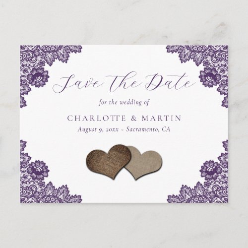 Purple Floral Lace Rustic Wedding Save The Date