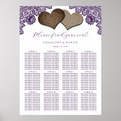 Purple Floral Lace Rustic Wedding Seating Chart 12