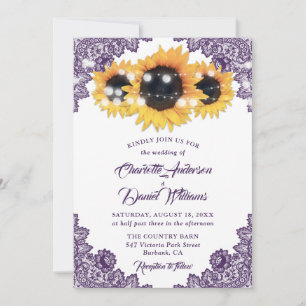 Purple Floral Lace String Lights Sunflower Wedding Invitation