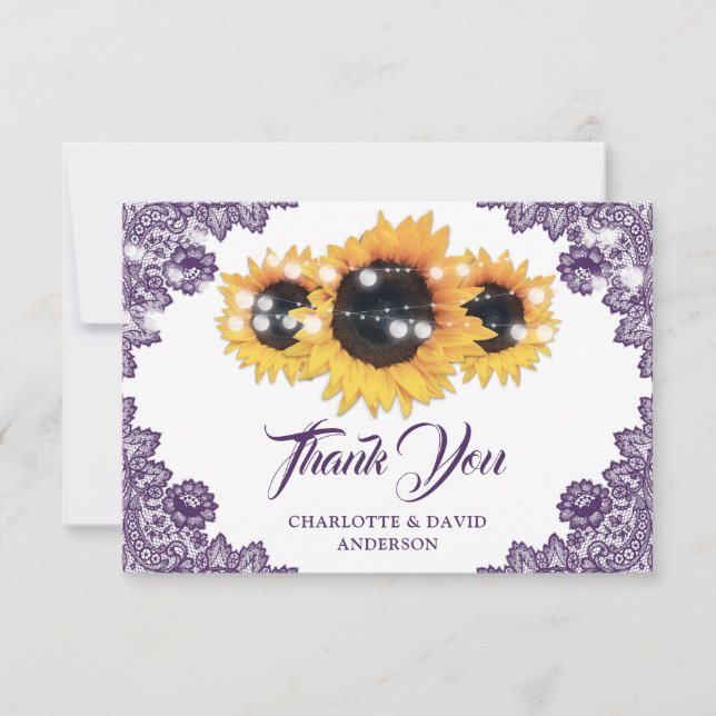 Purple Floral Lace String Lights Sunflower Wedding Thank You Card (Front)