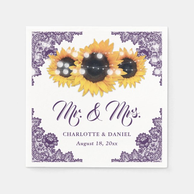 Purple Floral Lace Sunflower Wedding Napkins (Front)