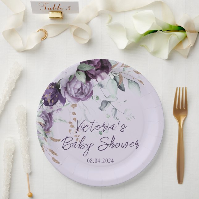 Purple Floral Lavender Elegant Baby Shower Paper Plates (Wedding)