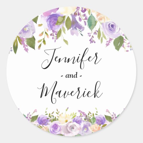 Purple Floral Lavender Watercolor Wedding Classic Round Sticker - Elegant wedding stickers featuring purple watercolor florals edges, and the couples names.