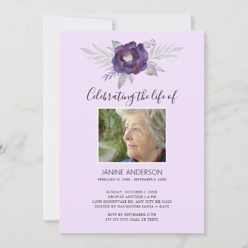 Purple Floral Life Celebration photo Invitation