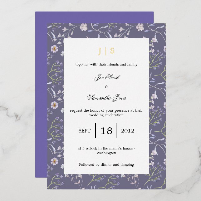 purple floral lilac foil invitation (Front/Back)
