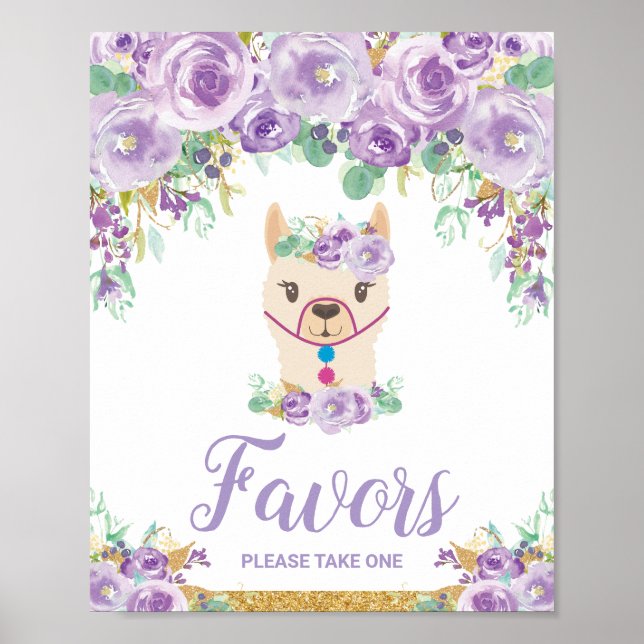 Purple Floral Llama Baby Shower Birthday Favors Poster (Front)