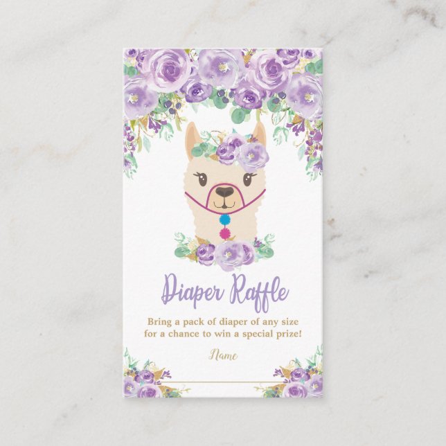 Purple Floral Llama Baby Shower Diaper Raffle Enclosure Card (Front)