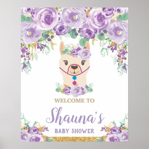 Purple Floral Llama Baby Shower Girl Welcome Sign