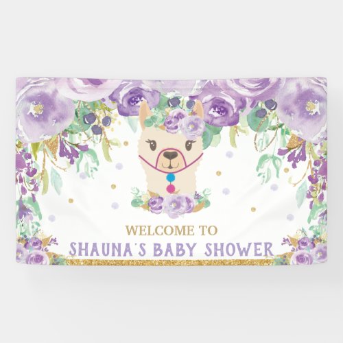 Purple Floral Llama Baby Shower Welcome Backdrop Banner