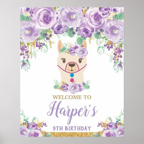 Purple Floral Llama Birthday Party Girl Welcome Poster