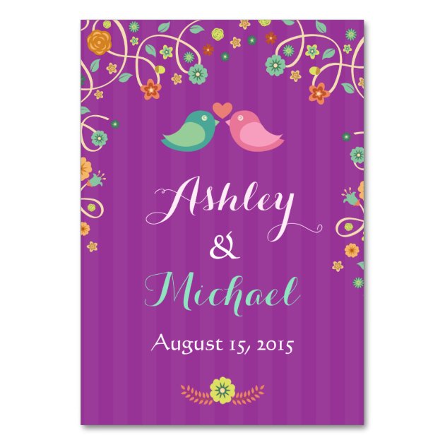 Purple Floral Love Birds - Wedding Table Number