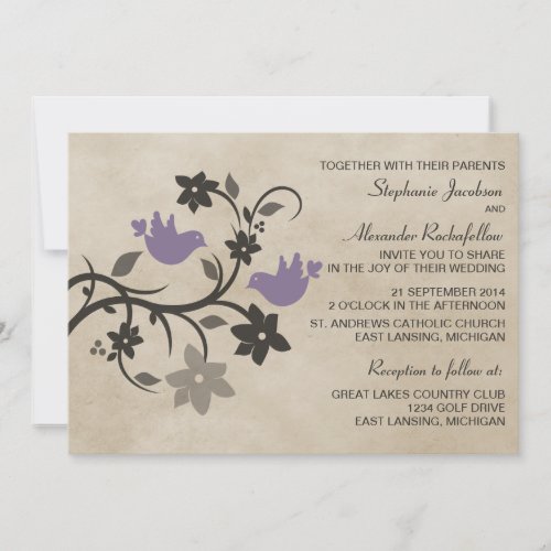 Purple Floral Lovebirds Wedding Invitation