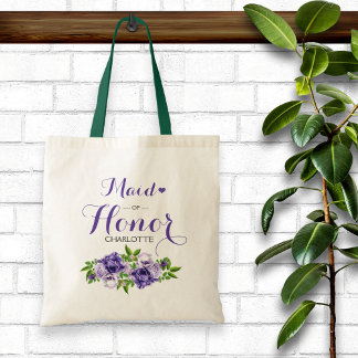 Purple Floral Maid of Honor Tote Bag