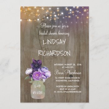 Purple Floral Mason Jar Rustic Barn Bridal Shower Invitation by lovelywow at Zazzle