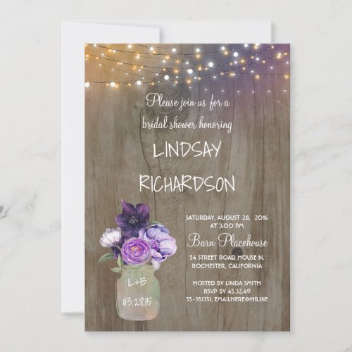 Purple Floral Mason Jar Rustic Barn Bridal Shower Invitation