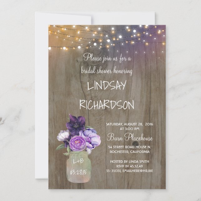 Purple Floral Mason Jar Rustic Barn Bridal Shower Invitation (Front)