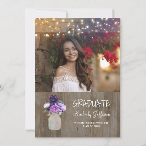 Purple Floral Mason Jar Rustic Photo Graduation Invitation