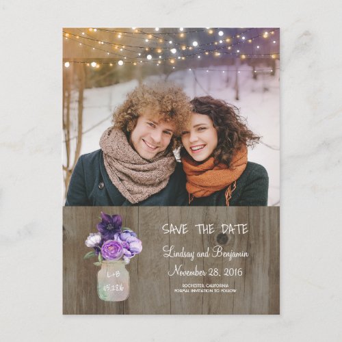 Purple Floral Mason Jar Rustic Photo Save the Date Announcement Postcard