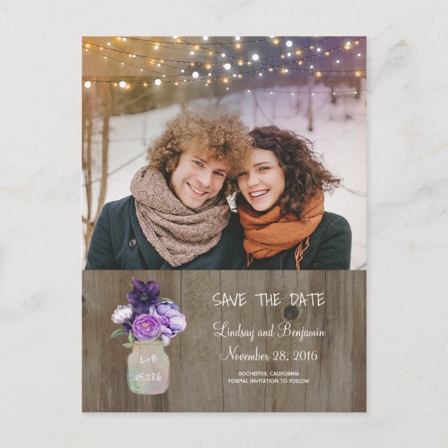 Purple Floral Mason Jar Rustic Photo Save the Date Announcement Postcard (Front)