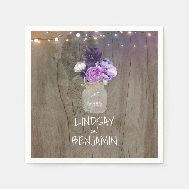 Purple Floral Mason Jar Rustic Wedding Paper Napkins (Front)