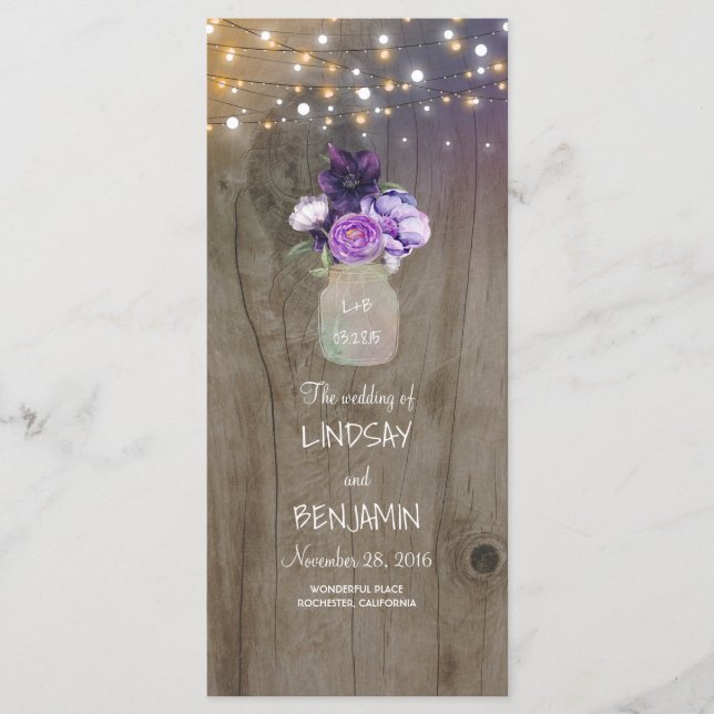 Purple Floral Mason Jar Rustic Wedding Programs (Front)