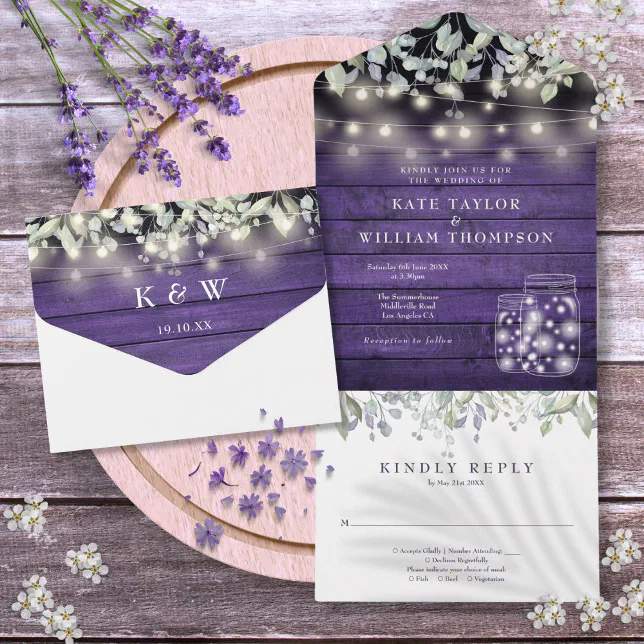 Purple Floral Mason Jars Lights Monogram Wedding All In One Invitation
