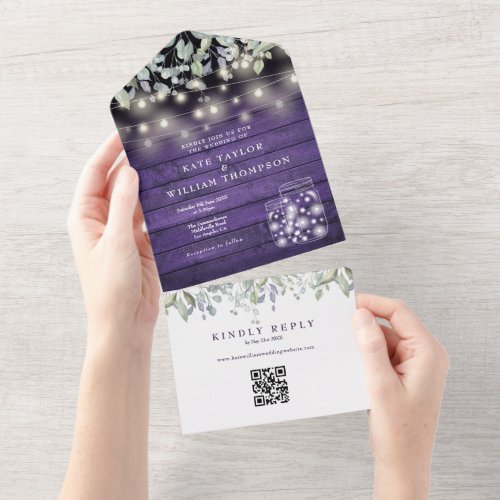 Purple Floral Mason Jars Lights QR Code Wedding All In One Invitation