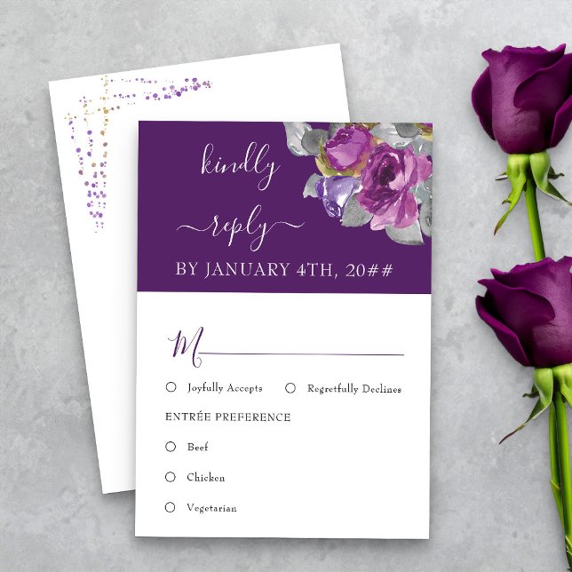 Purple Floral Meal Option Wedding RSVP (Purple floral RSVP card with meal options from my Plush Purple Wedding Collection )