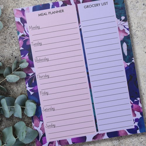 Purple Floral Meal Planner  Grocery List Notepad