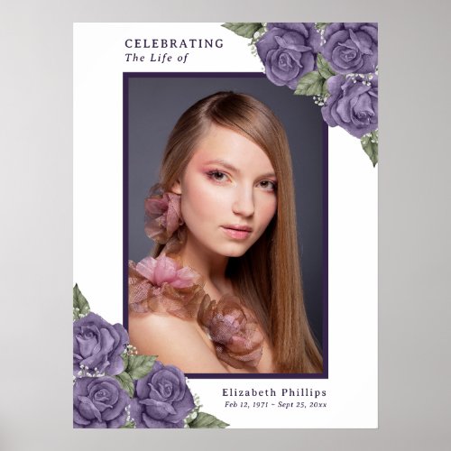 Purple Floral Memorial Funeral Photo Sign