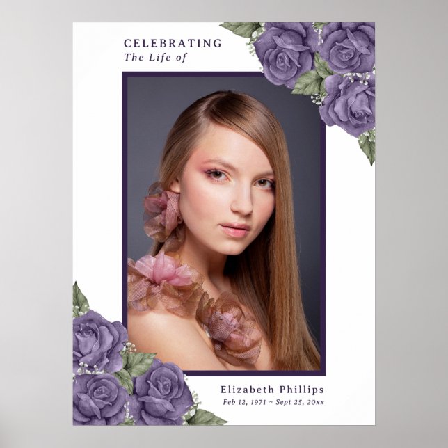 Purple Floral Memorial Funeral Photo Sign (Front)