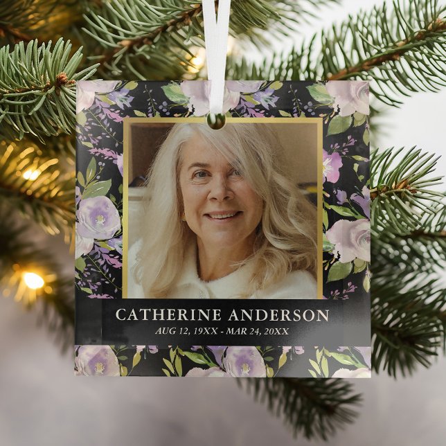 Purple Floral Memorial Photo Christmas Glass Ornament (Creator Uploaded)