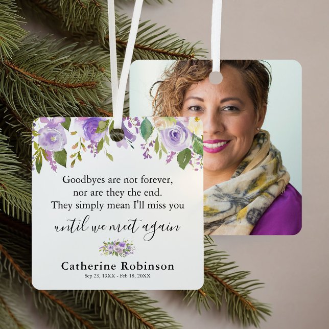 Purple Floral Memorial Photo Christmas Metal Ornament (Creator Uploaded)
