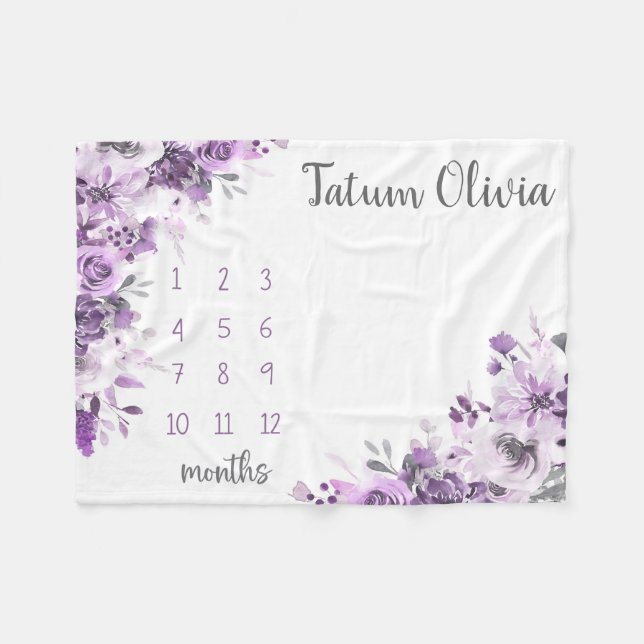 Purple Floral Milestone Blanket, Baby Girl Monthly (Front (Horizontal))