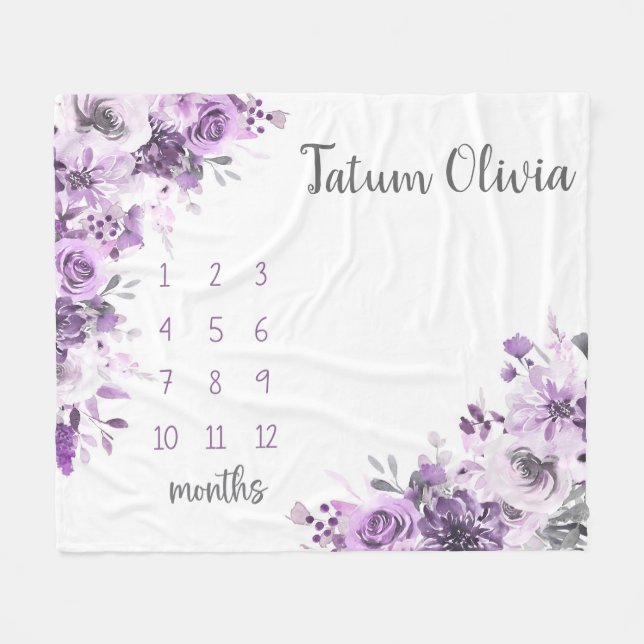 Purple Floral Milestone Blanket, Baby Girl Monthly (Front (Horizontal))