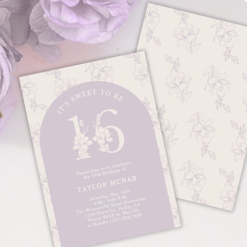 Purple Floral Modern and Minimal Sweet 16 Invitation