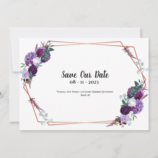 Purple Floral Modern Announcement Save the Date (Front)