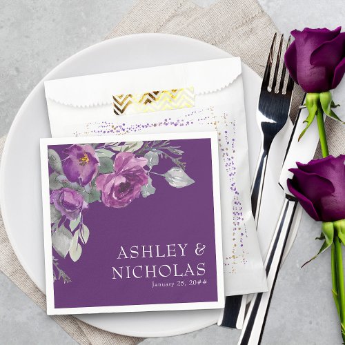 Purple Floral Modern Botanical Wedding Napkins
