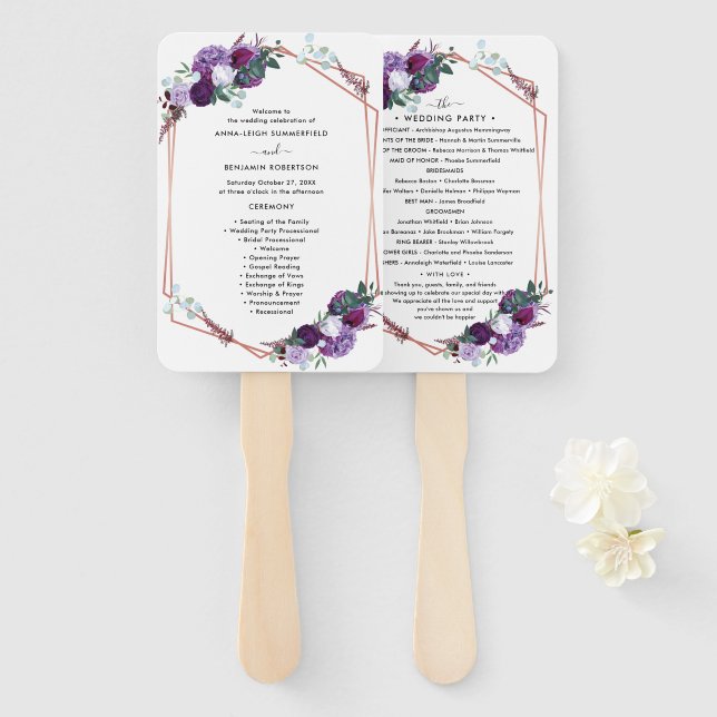 Purple Floral Modern Botanical Wedding Program Hand Fan (Front and Back)