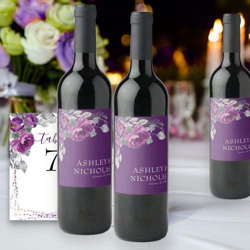 Purple Floral Modern Botanical Wedding Wine Label